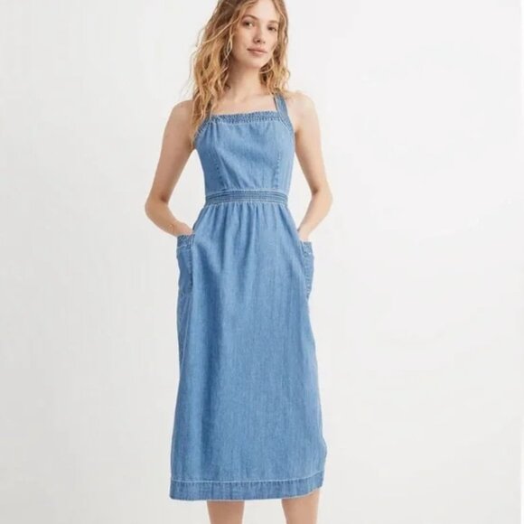 Madewell Denim Apron Midi Dress Button Pockets Size 0 - Picture 3 of 3